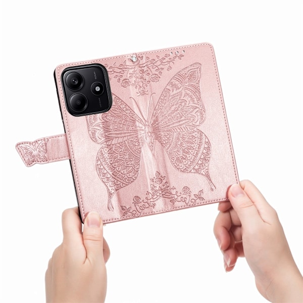 Xiaomi Redmi Note 14 5G Fodral Läder Fjäril Tryck Roséguld