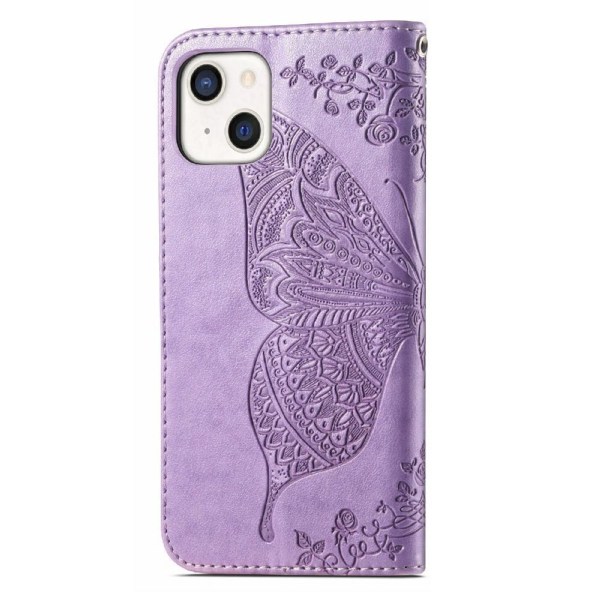 iPhone 13 - Butterfly Print Läder Fodral - Lila