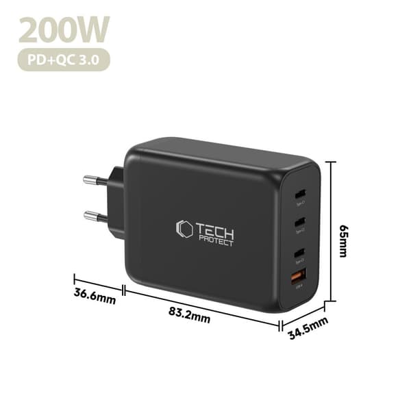 Tech-Protect 200W Väggladdare PD QC3.0 USB-C / USB-A Svart