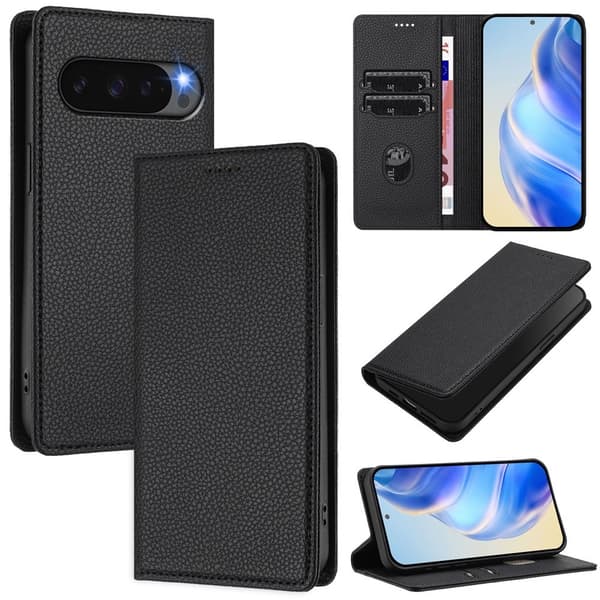 Google Pixel 10/10 Pro / 9/9 Pro Fodral RFID Litchi Läder Svart