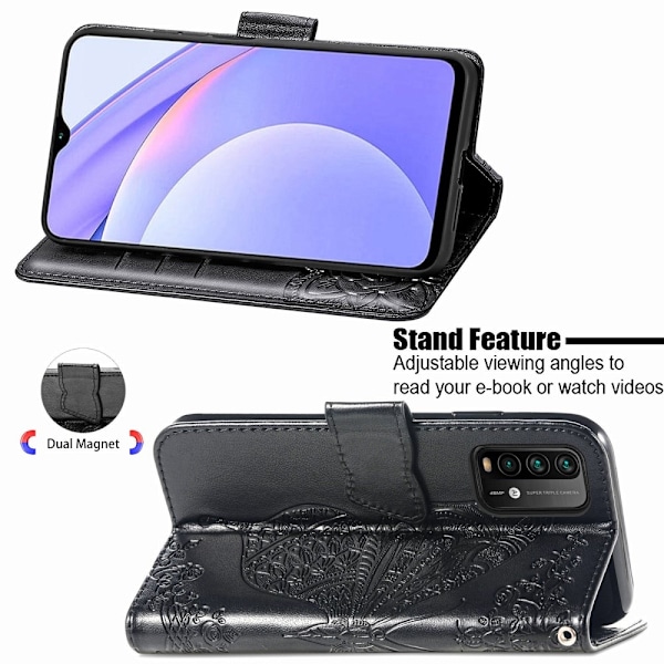 Xiaomi Redmi 9T - Butterfly Läder Fodral - Svart Black Svart