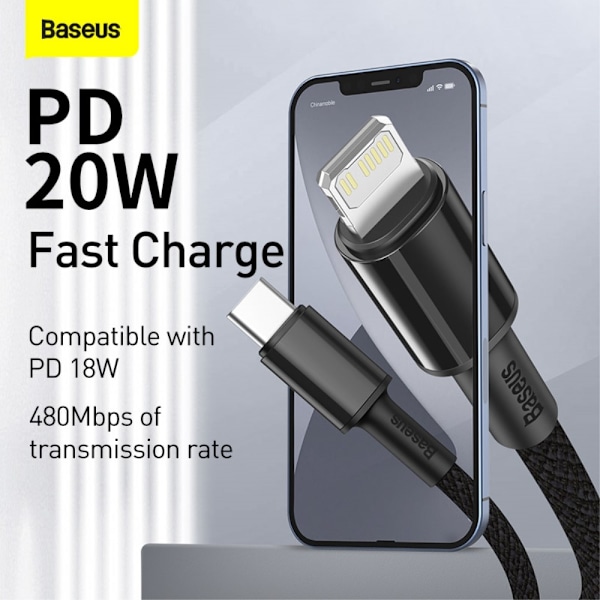 BASEUS 2m 20W PD Type-C - Lightning Flätad Nylon Kabel - Svart Black Svart