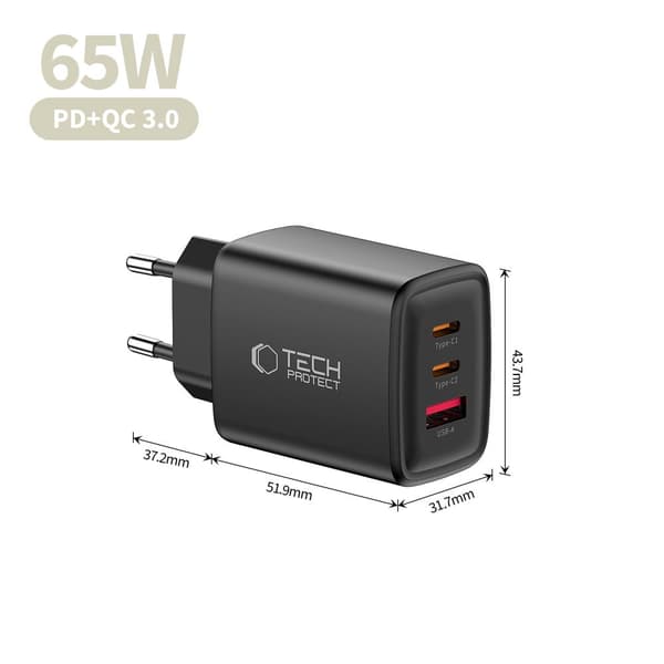 Tech-Protect 65W Väggladdare PD QC3.0 USB-C / USB-A Svart