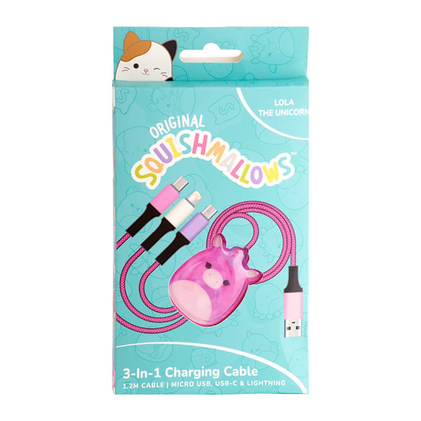 Squishmallows Laddningskabel 1,2m  3in1 USB-C/Micro/Lightning Lola
