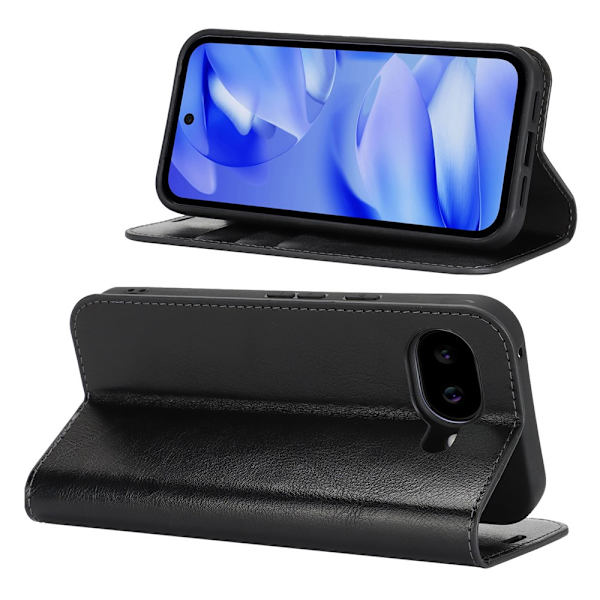 Google Pixel 10a Fodral Flip Äkta Läder Svart