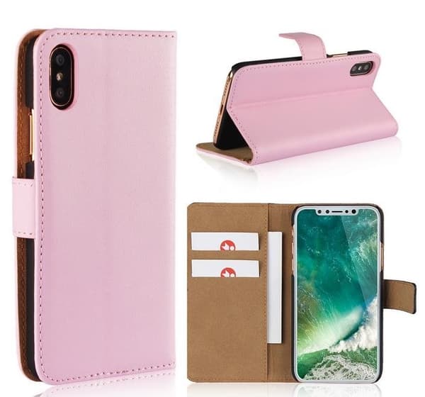 iPhone Xs Max - Plånboksfodral I Äkta Läder - Ljus Rosa LightPink Ljus Rosa