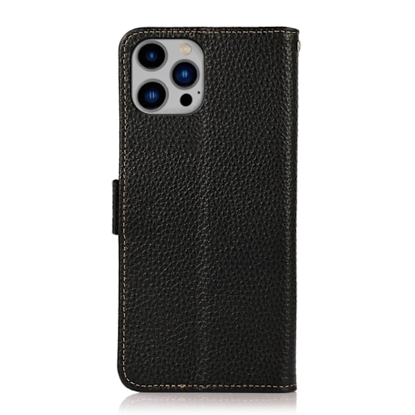 KHAZNEH iPhone 14 Plus Fodral Litchi Äkta Läder RFID Svart