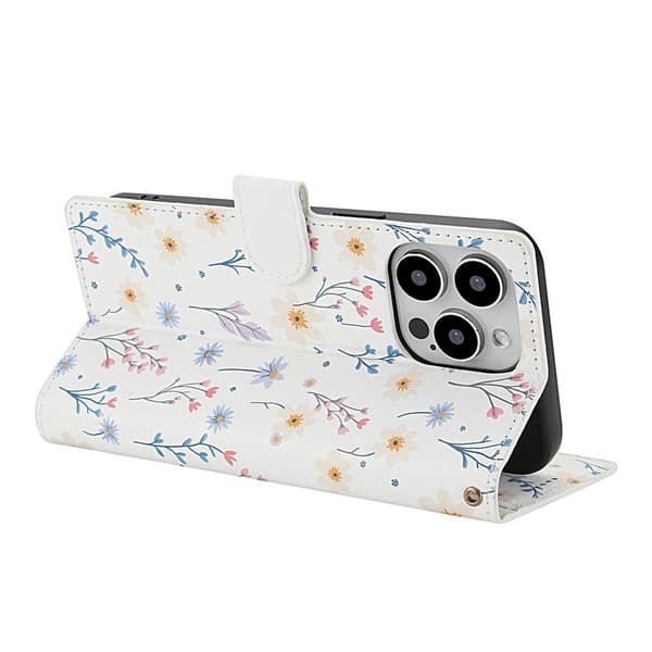 iPhone 16 Pro Fodral Rhombus Läder Blommor Vit
