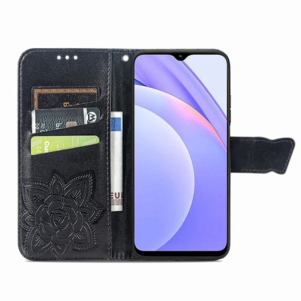 Xiaomi Redmi 9T - Butterfly Läder Fodral - Svart Black Svart