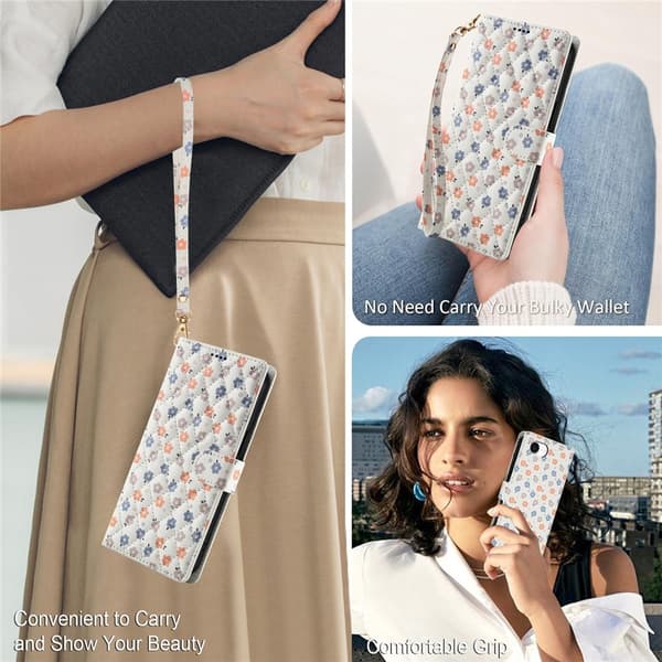 iPhone 17e / 16e Fodral Rhombus Läder Blommor Vit