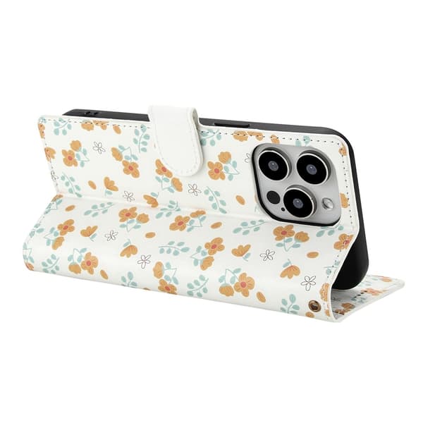 iPhone 16 Pro Fodral Rhombus Läder Blommor Vit