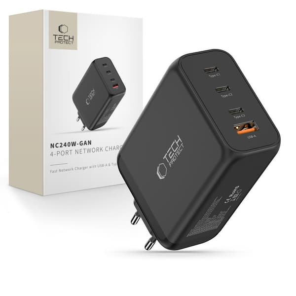 Tech-Protect 240W Väggladdare PD QC3.0 USB-C / USB-A Svart