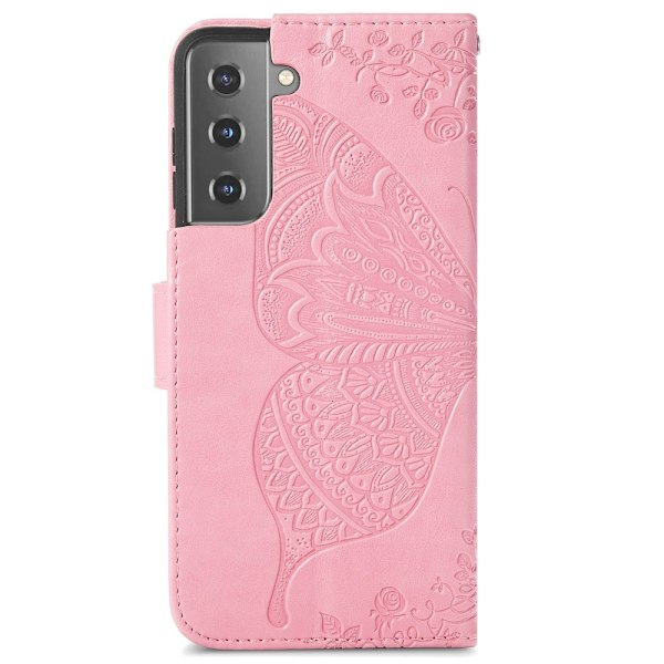 Samsung Galaxy S22 Plus Fodral Butterfly Tryckt Läder Ljus Rosa