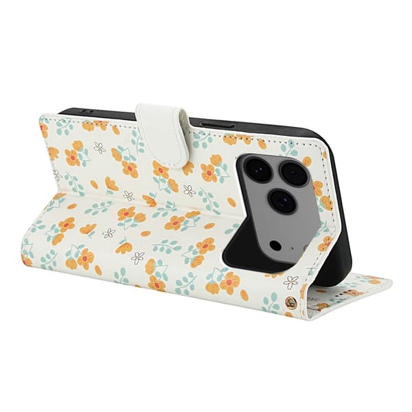 iPhone 17 Pro Fodral Rhombus Läder Blommor Vit