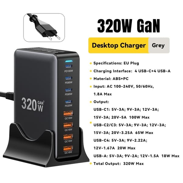ESSAGER 320W Laddningsstation USB-C / USB-A Svart
