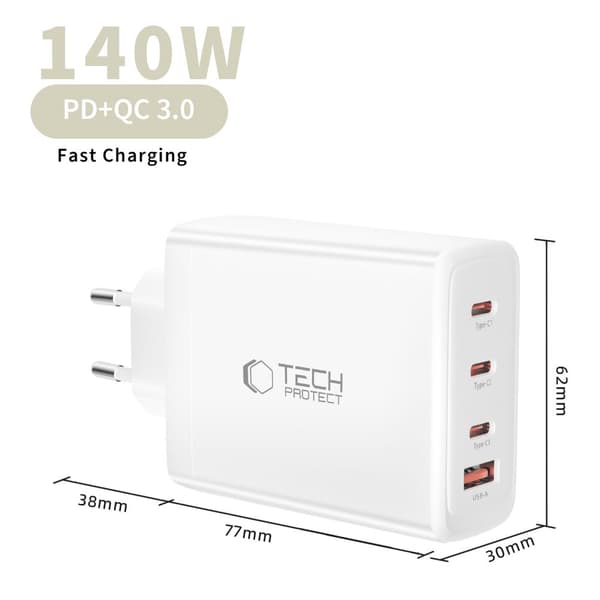 Tech-Protect 140W Väggladdare PD QC3.0 USB-C/USB-A Vit