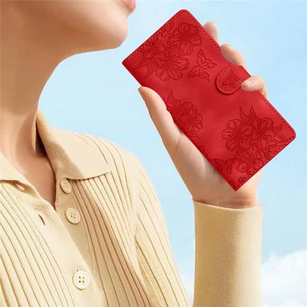 iPhone 17 Pro Max Fodral Med Blommigt Tryck Läder Röd