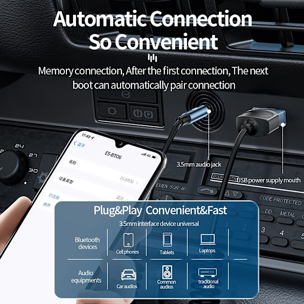 ESSAGER 1m Bluetooth AUX Ljudadapter För Bilen Svart
