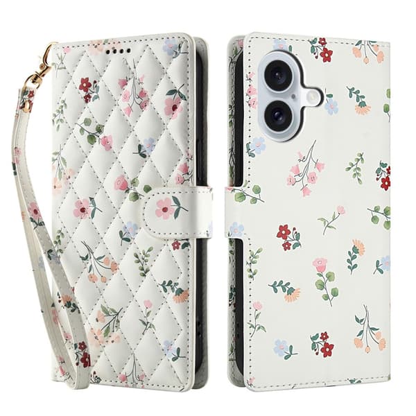 iPhone 16 Fodral Rhombus Läder Blommor Vit