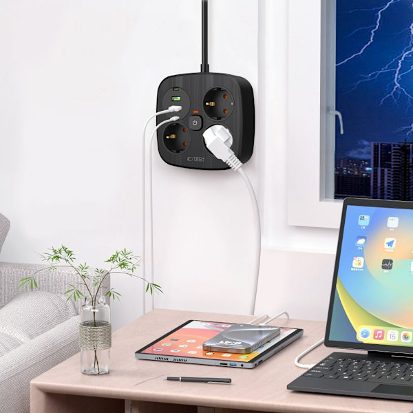 Tech-Protect 2m Förgreningsdosa Med USB-C/USB-A Svart