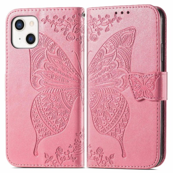 iPhone 13 Mini - Butterfly Tryckt Läder Fodral - Rosa