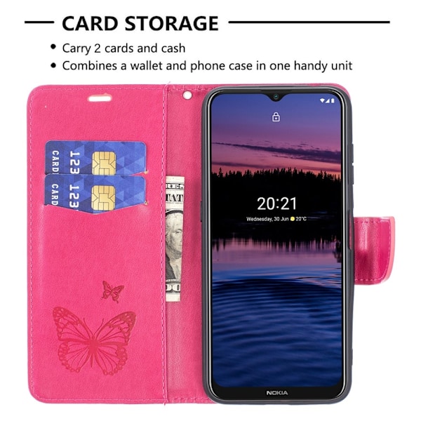 Nokia G10 / G20 Fodral Tryckt Butterfly Läder Rosa