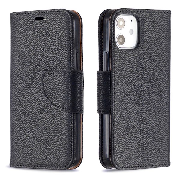 iPhone 12 Mini - Litchi Plånboksfodral - Svart Black Svart