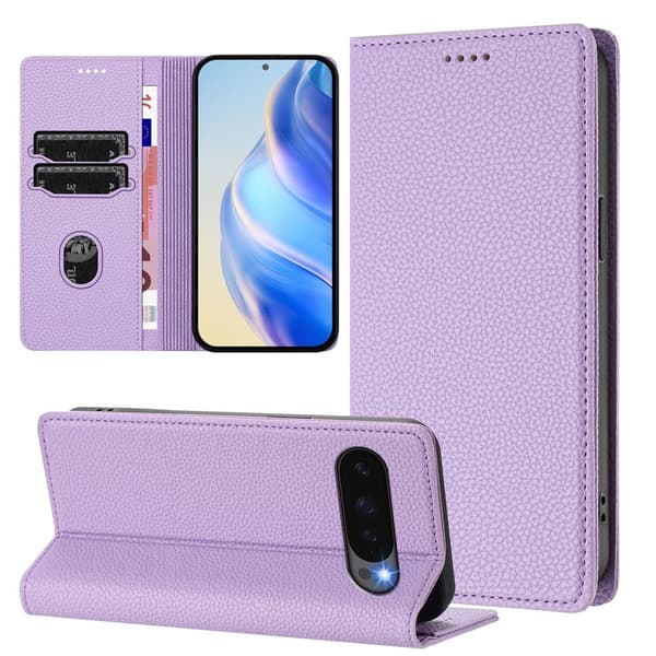 Google Pixel 10/10 Pro / 9/9 Pro Fodral RFID Litchi Läder Lila