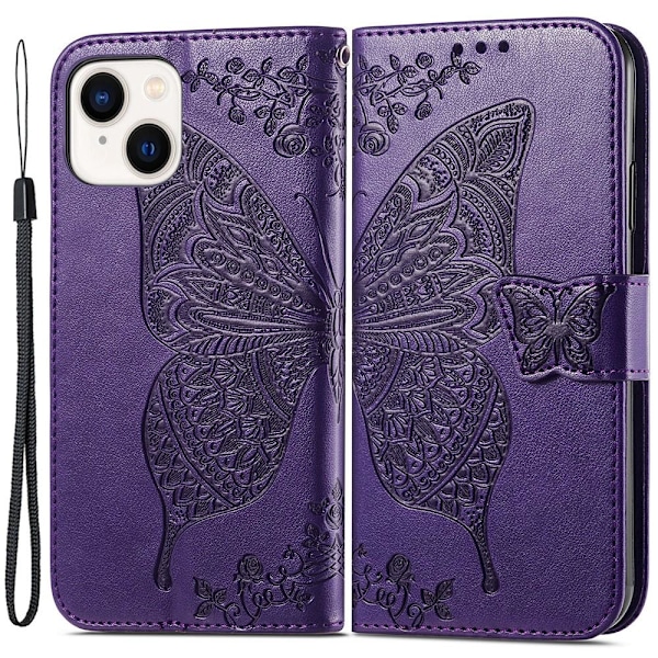 iPhone 15 Plus Fodral Med Fjäril Tryck Lila