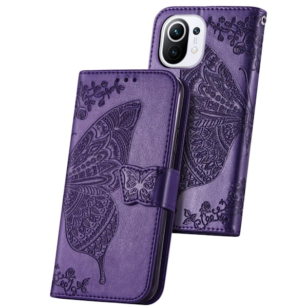 Xiaomi Mi 11 - Butterfly Läder Fodral - Lila Purple Lila