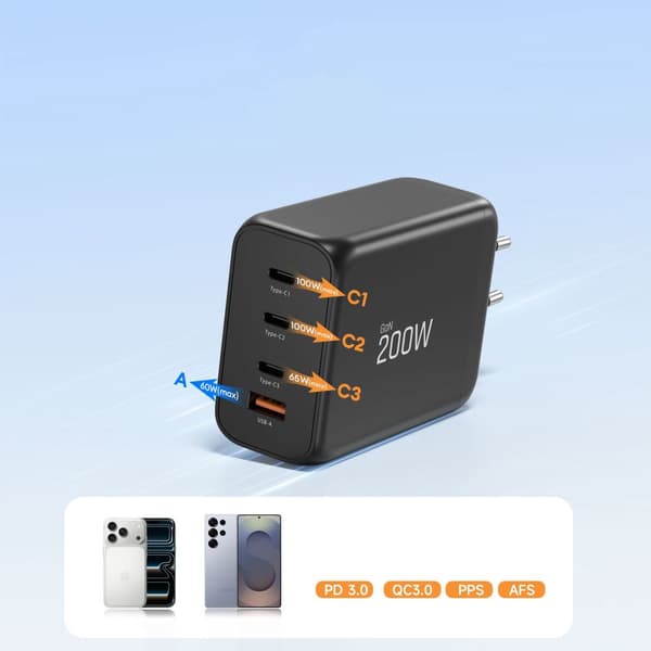 Tech-Protect 200W Väggladdare PD QC3.0 USB-C / USB-A Svart
