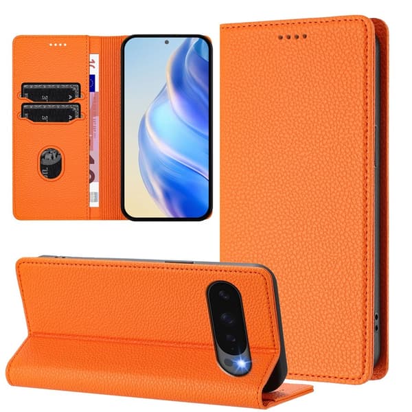Google Pixel 10/10 Pro / 9/9 Pro Fodral RFID Litchi Läder Orange