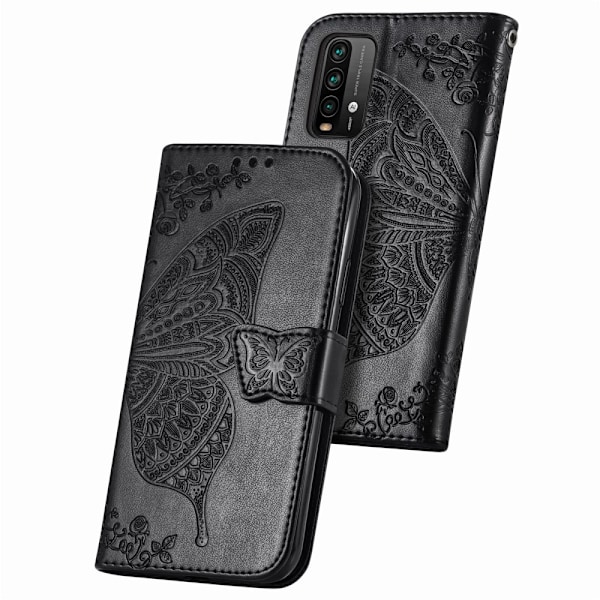 Xiaomi Redmi 9T - Butterfly Läder Fodral - Svart Black Svart