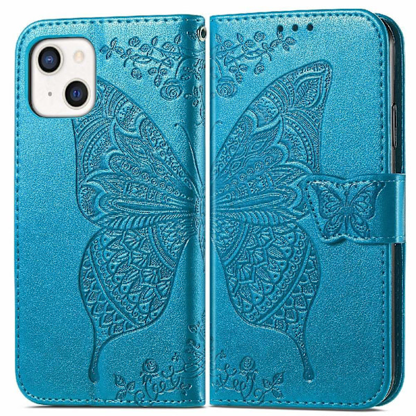 iPhone 13 - Butterfly Print Läder Fodral - Blå