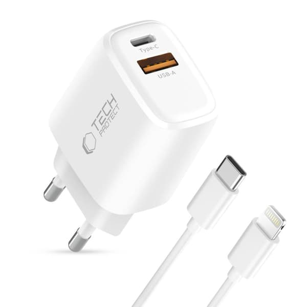 Tech-Protect 20W Väggladdare PD Inkl. Lightning - USB-C Kabel Vit