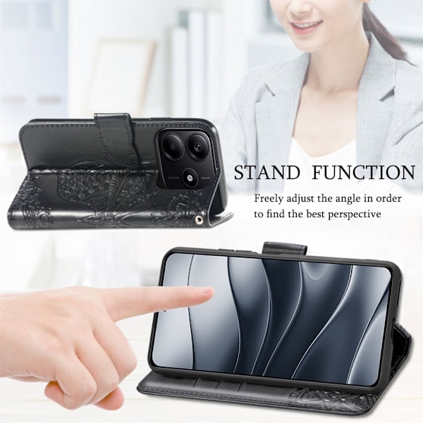 Xiaomi Redmi Note 14 5G Fodral Läder Fjäril Tryck Svart