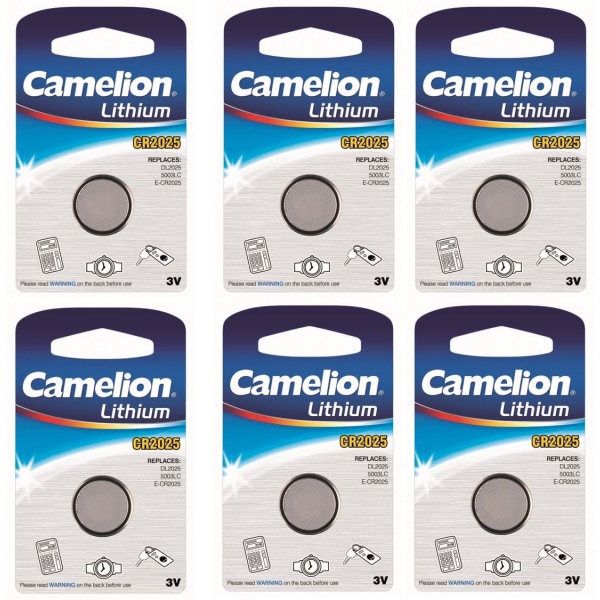 CR2025 6-pack Knappcell Camelion  , 3V Litium Batteri Silver