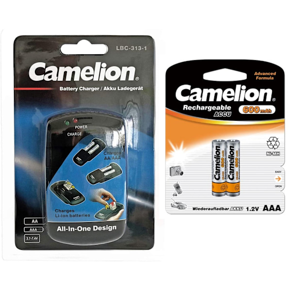 Batteriladdare AA / AAA / Li-Ion + 2 AAA laddningsbara batterier Svart