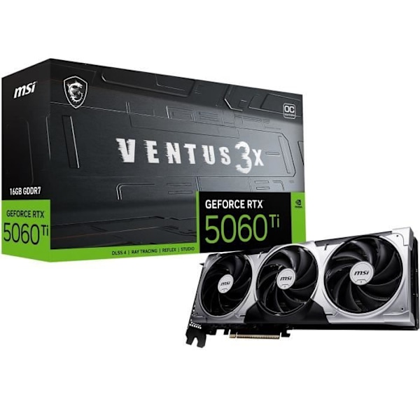 Grafikkort - MSI - VENTUS GeForce RTX 5060 TI 16G 3X OC NVIDIA 16 GB GDDR7 Svart, Grå