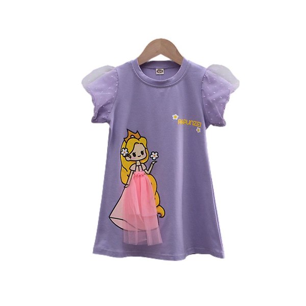 3-7 år Barn Flickor Princess Print Sommar T-shirts Klänning Purple 120cm