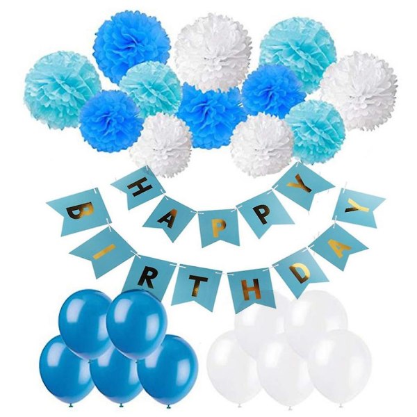 23 st Blå Grattis på födelsedagen Ballongbåge Kit Med Banner Party Latex Ballonger Papper Pom Poms