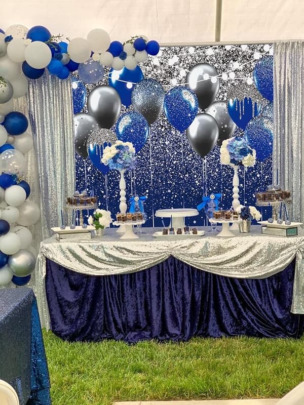 Blå og sølv bakgrunner 150x90cm, brukes til Orlando Wedding B