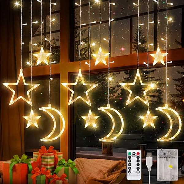 LED Ramadan Light String, 3.5 m Light Curtain Window Indoor USB/Battery, LED Ramadan Lamp Star Moon Islamic Style Warm White