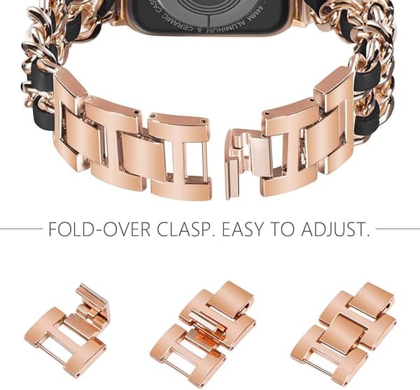 Rose Gold Black Leather Gold Chain, Women's Double Row Metal Strap