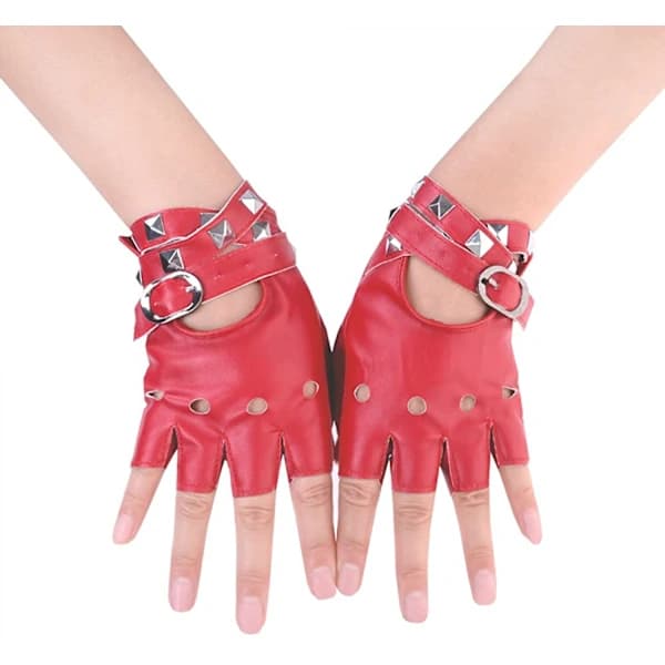 Women's PU Leather Punk Gloves Rivet Belt Up or Snap Half Finger Performance Gloves, Red[CO]
