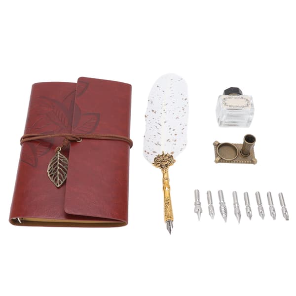 Quill Pen Notebook Set Classic Loose Leaf Paper Quill Pen Notebook Gift with 8 Replaceable Nibs for Elders Teachers White Dots