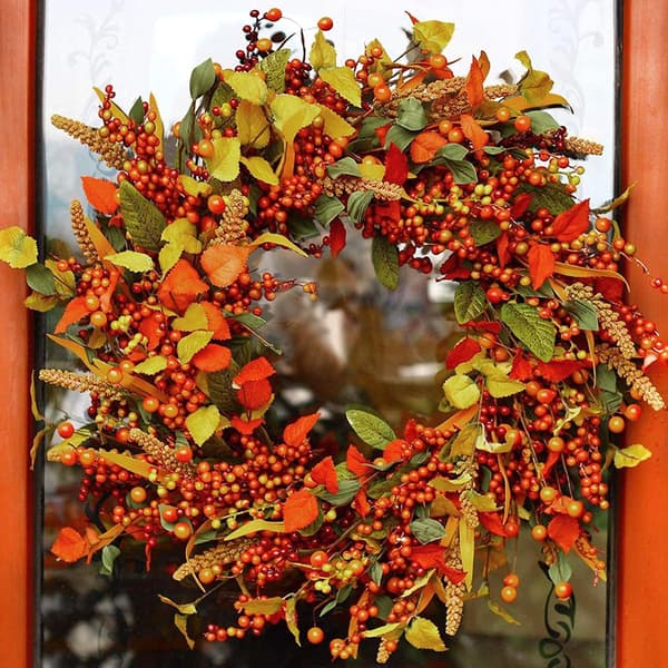 Efterårskranse til hoveddør, efterårsdekoration, hoveddør til Thanksgiving, kunstig ahornblad-dørkrans