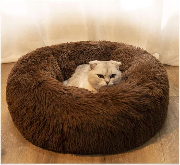 Varm hundeseng, fluffy kattekurv, XS størrelse 50cm, brun, 1 stk, vaskbart kjæledyrrede