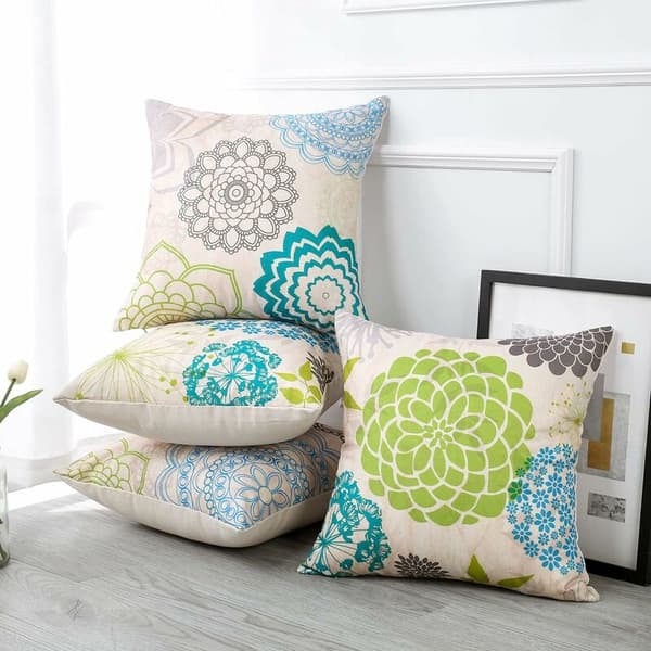 Kuddfodral, Triomphe Set med 4 Linnesoffkuddar för Hem, Vardagsrum, Sovrum, Heminredning 45 x 45 cm (Dahlia Blå och Grön)