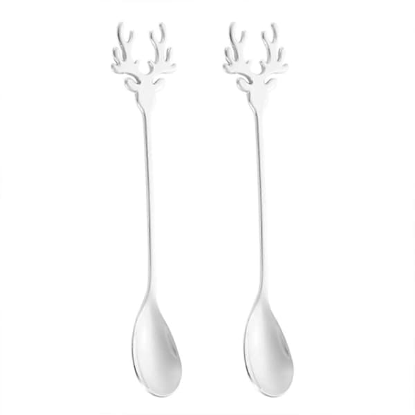 2 st Rostfria Älg Horn Skedar Icke-graderade Delikata Restaurangskedar för Kök Silver 2 st
